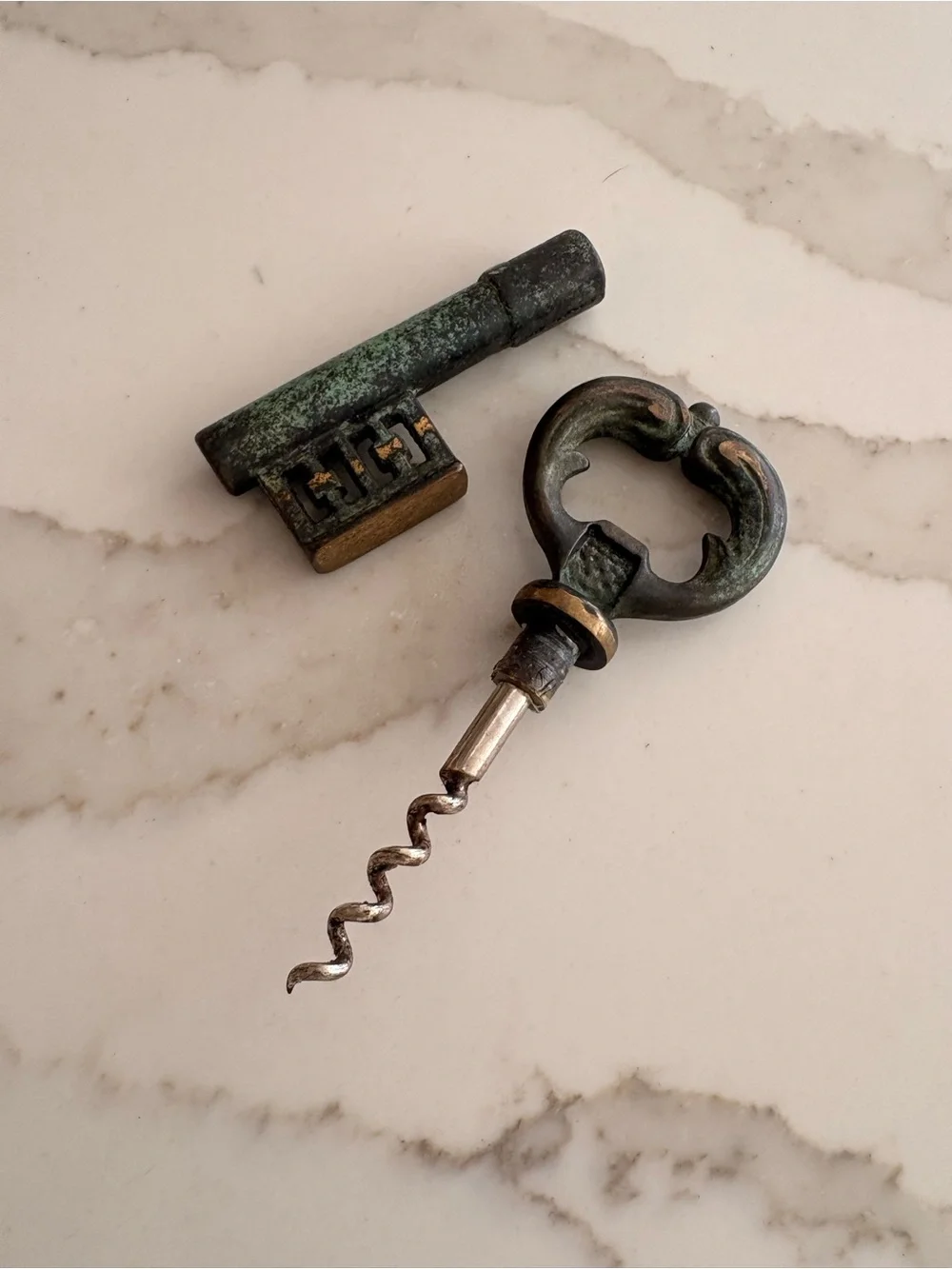 Antique-Style Decorative Brass Skeleton Key bottle opener and corkscrew